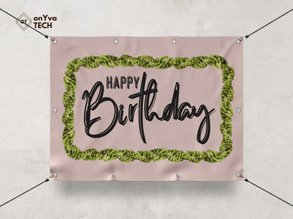 Happy Birthday banner with a sublimation print of a rectangle border of a  Mokihana Lei frame surrounding the words 