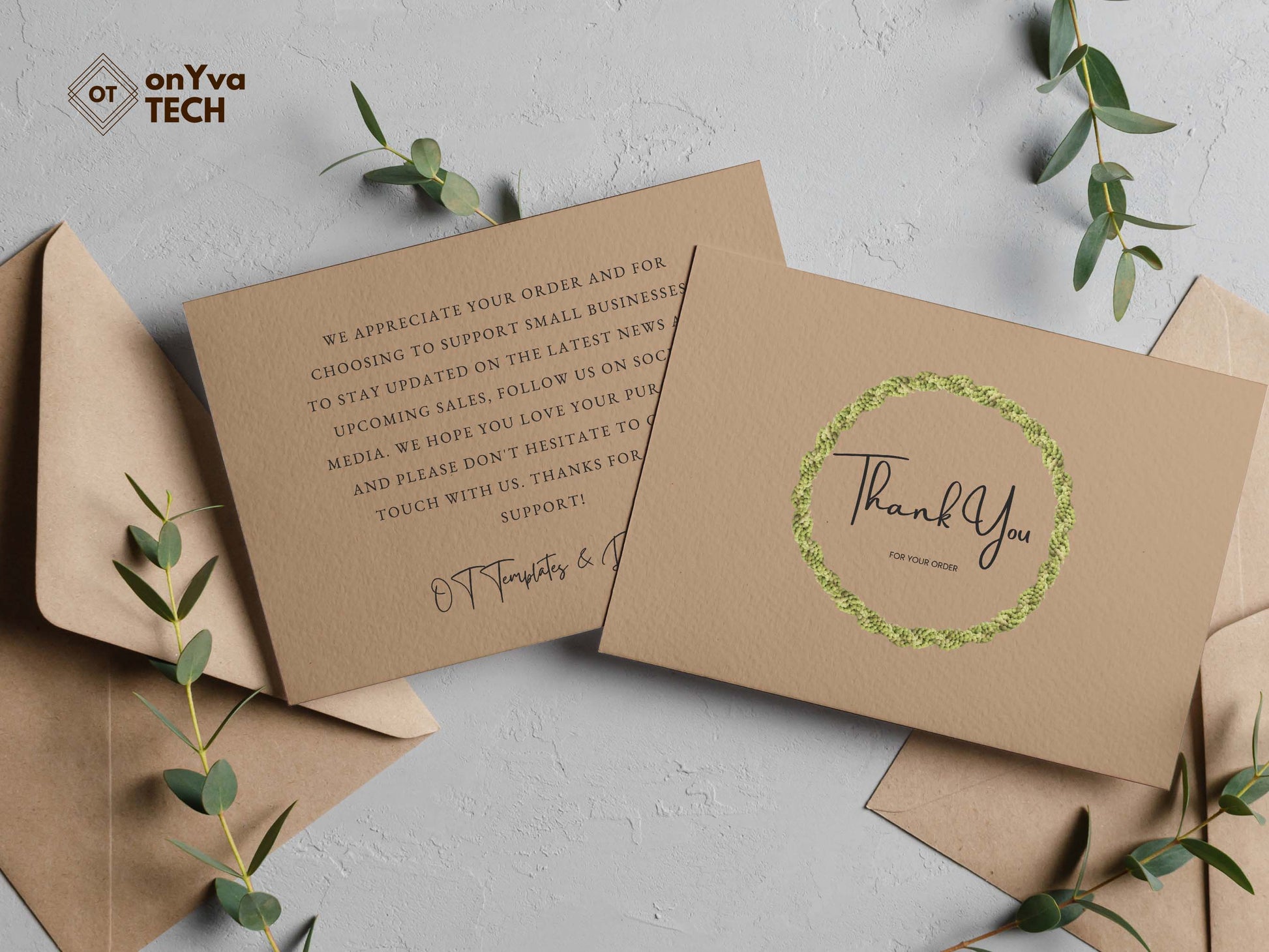  thank you for your order card with a circle border of a  Mokihana Lei surrounding the words to add an aloha touch. The back of the card shows a thank you message 
