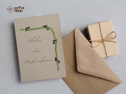 Fatherʻs Day greeting card adorned with a corner Mokihana Lei floral border and the words Aloha la makuakane