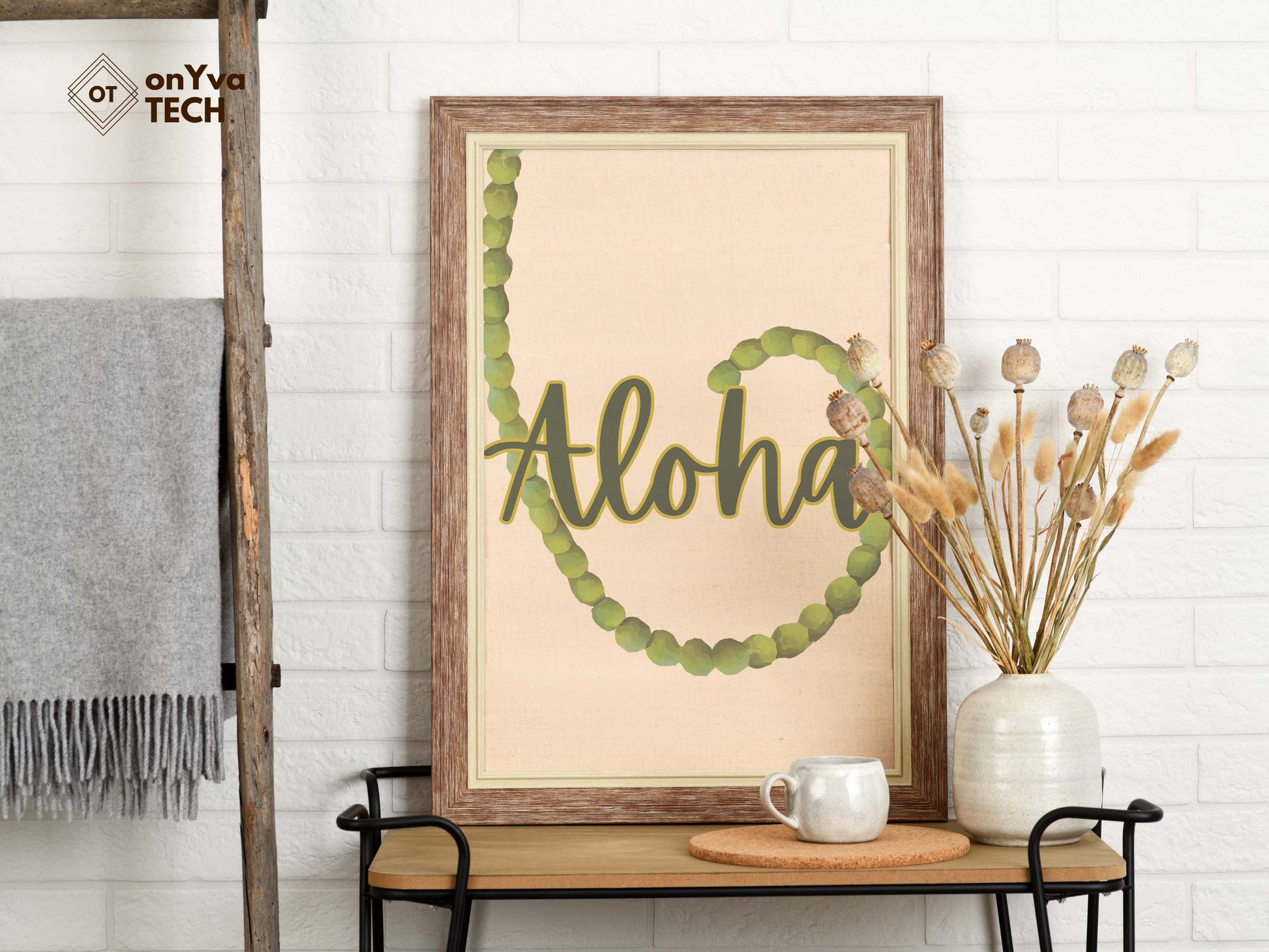  printed poster in a frame of a swirl of a  Mokihana Lei with the words Aloha 