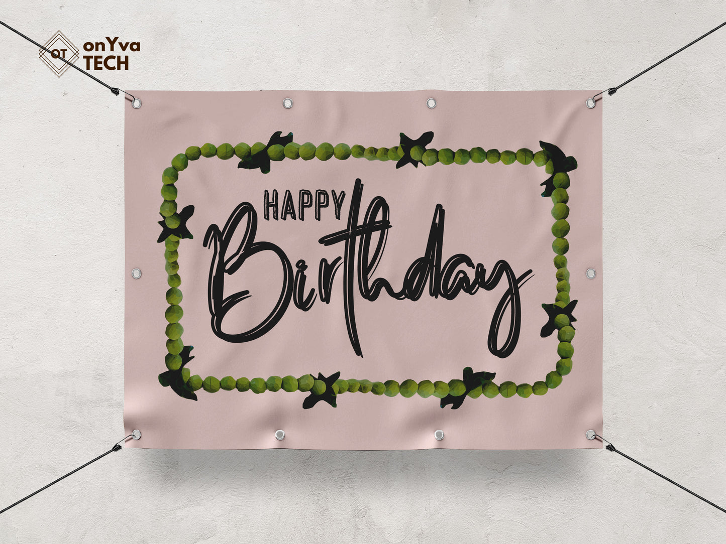 Happy Birthday banner with a sublimation print of a rectangle border of a  Mokihana Lei frame surrounding the words 