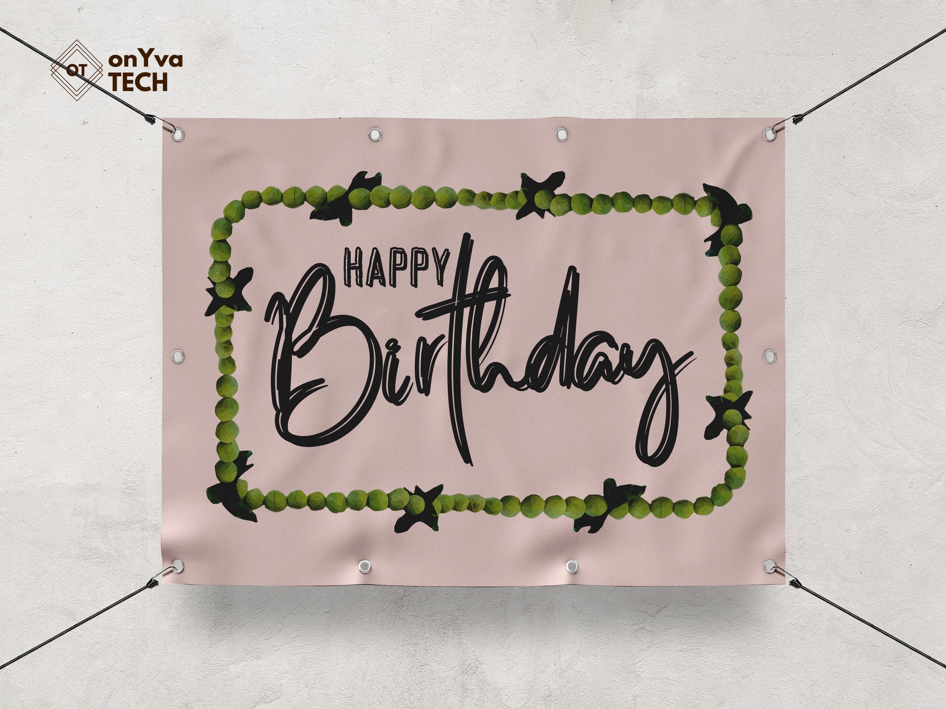 Happy Birthday banner with a sublimation print of a rectangle border of a  Mokihana Lei frame surrounding the words 