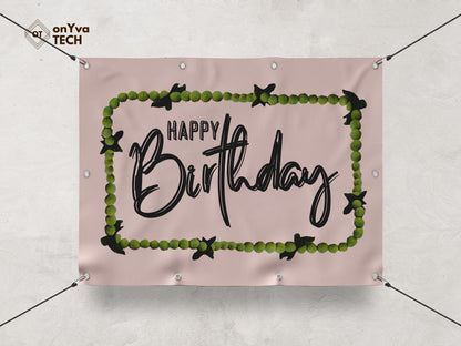 Happy Birthday banner with a sublimation print of a rectangle border of a  Mokihana Lei frame surrounding the words 