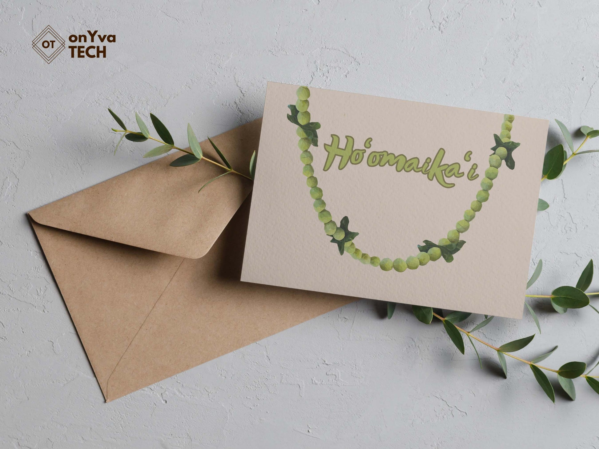 Congratulation greeting card adorned with a half oval Mokihana Lei floral border and the words Hoomaikai