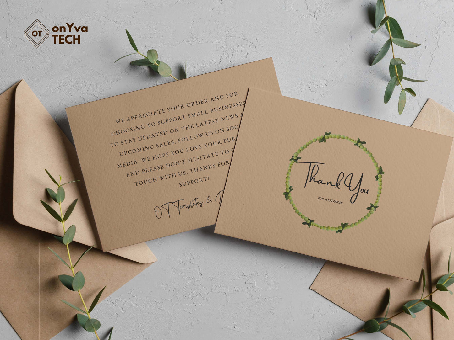  thank you for your order card with a circle border of a  Mokihana Lei surrounding the words to add an aloha touch. The back of the card shows a thank you message 