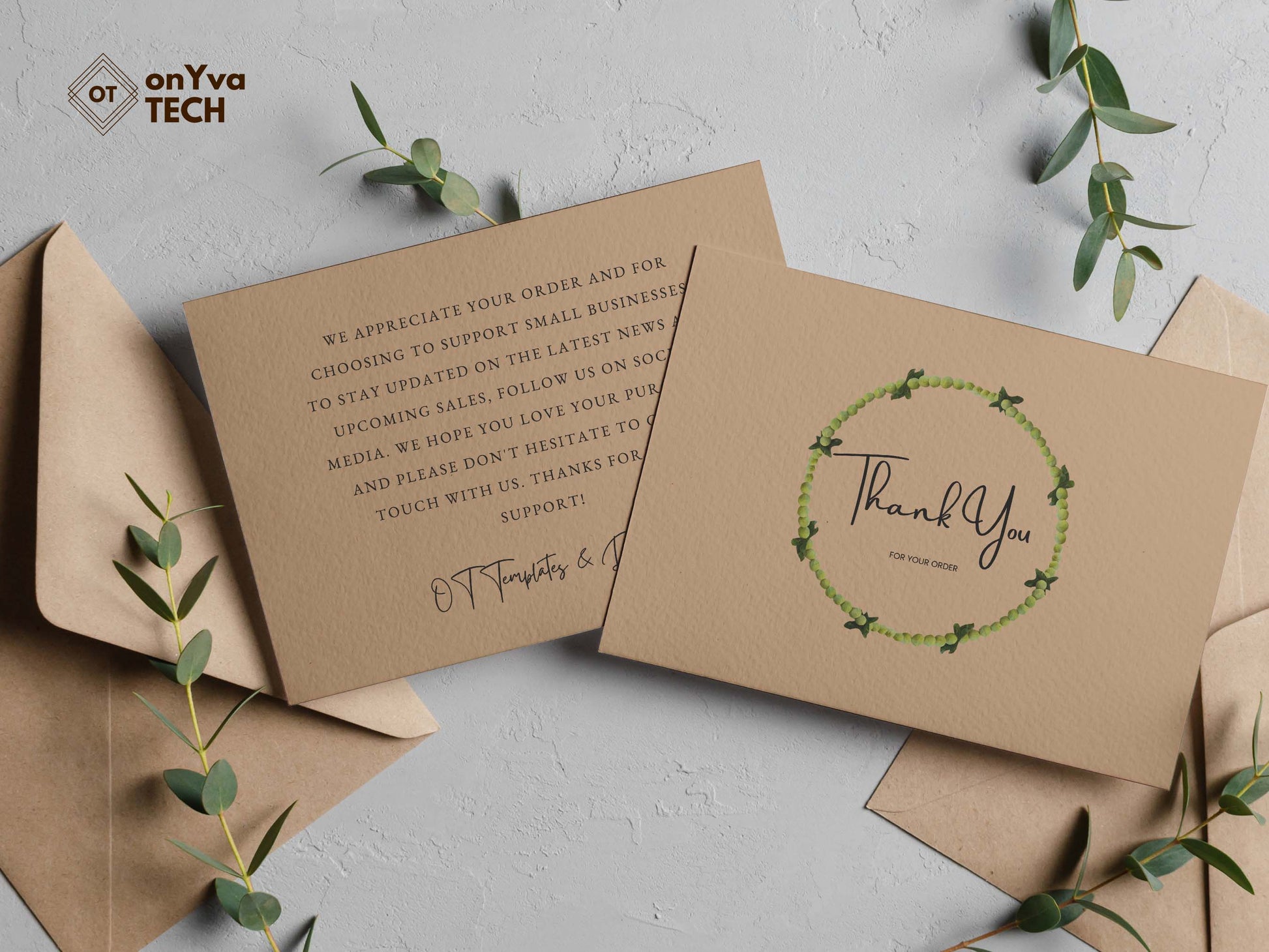  thank you for your order card with a circle border of a  Mokihana Lei surrounding the words to add an aloha touch. The back of the card shows a thank you message 