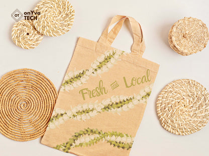  jute tote bag with several Pakalana Pikake 3 Strand Twist Lei sublimation print from top to bottom 