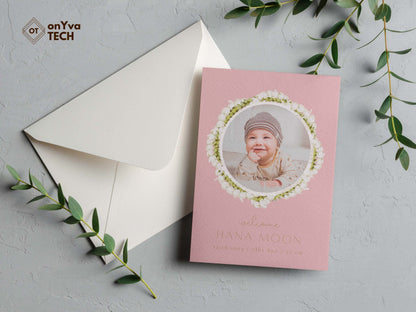  baby announcement card with a circle frame of  Pakalana Pikake 3 Strand Twist Lei necklace around the picture. 