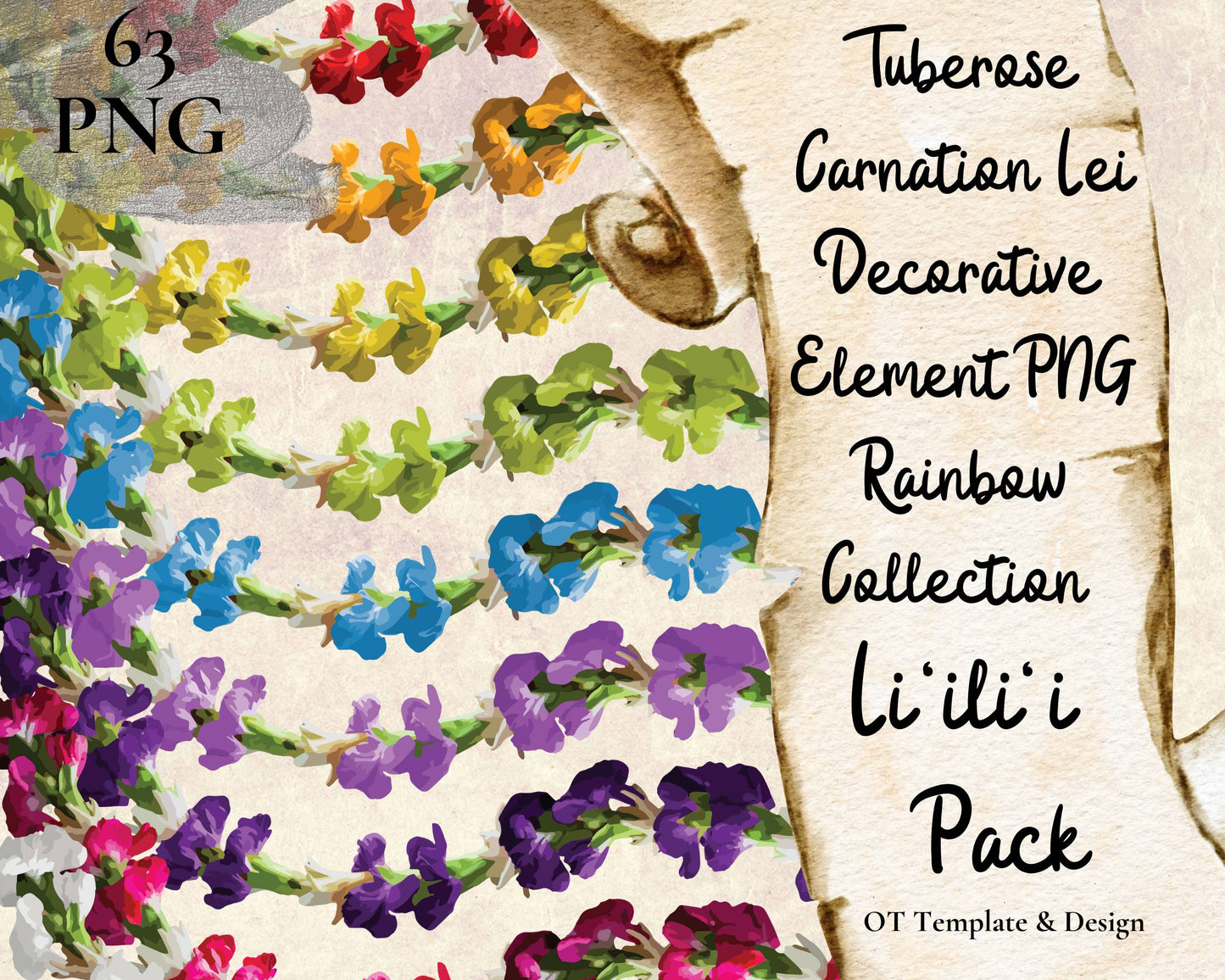 Tuberose Carnation Lei | Rainbow Hawaiian PNG Decorative Element Liʻiliʻi Pack | Digital Download