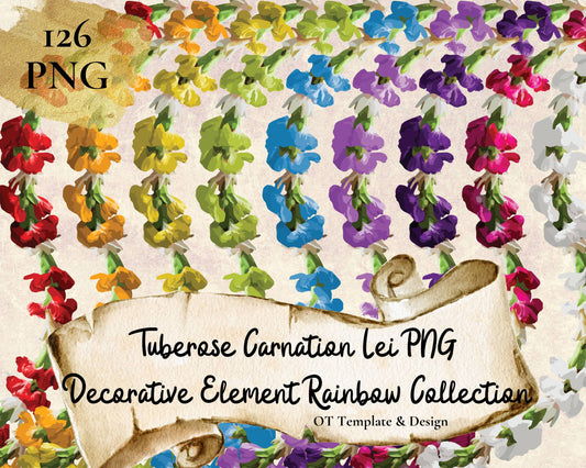 Tuberose Carnation Lei | Rainbow Hawaiian PNG Decorative Element Set | Digital Download