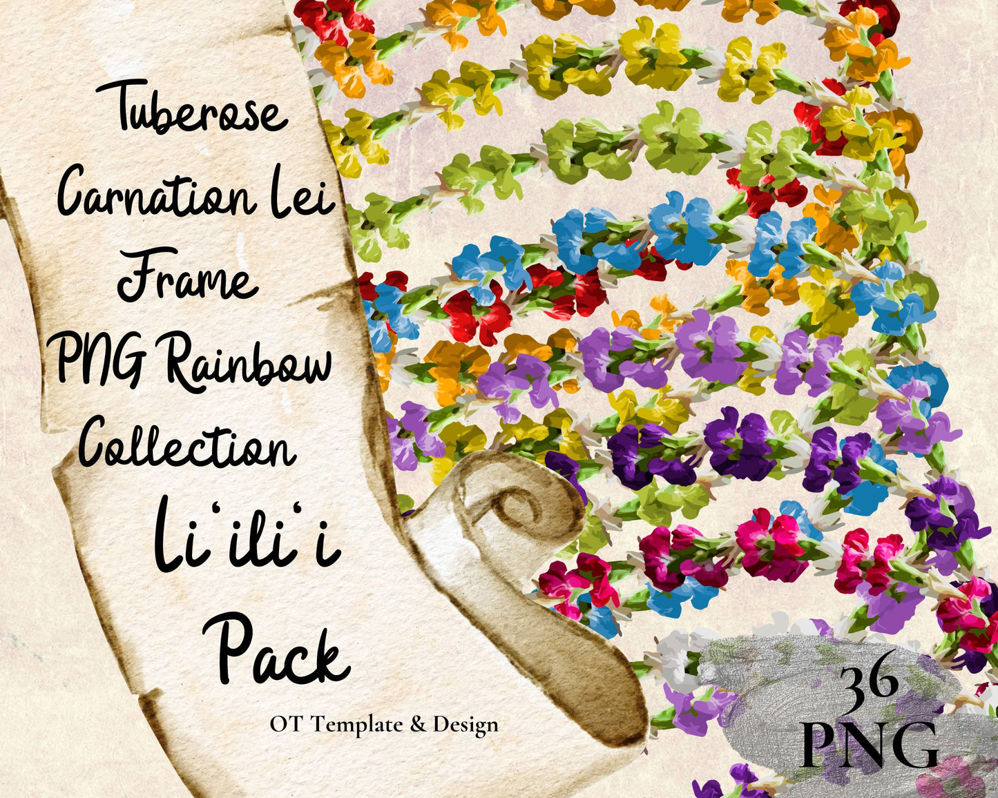 Tuberose Carnation Lei | Rainbow Hawaiian Frame PNG Liʻiliʻi Pack | Digital Download