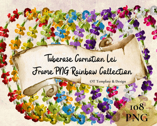 Tuberose Carnation Lei | Rainbow Hawaiian Frame PNG Bundle Collection | Digital Download