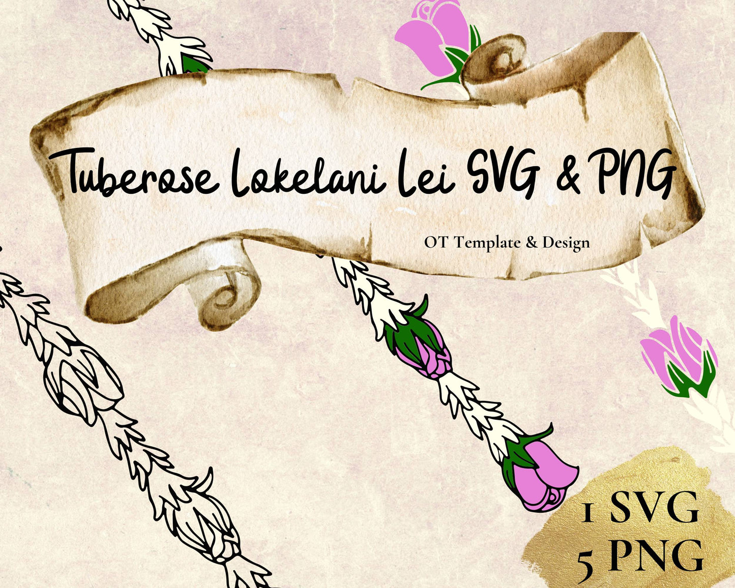 Tuberose Pink Lokelani Lei SVG PNG | Hawaiian Nature Clipart Bundle | Digital Download
