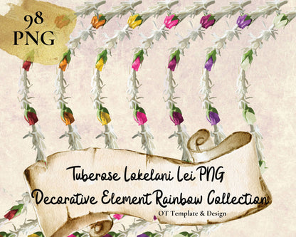 Tuberose Lokelani Lei | Rainbow Hawaiian PNG Decorative Element Set | Digital Download
